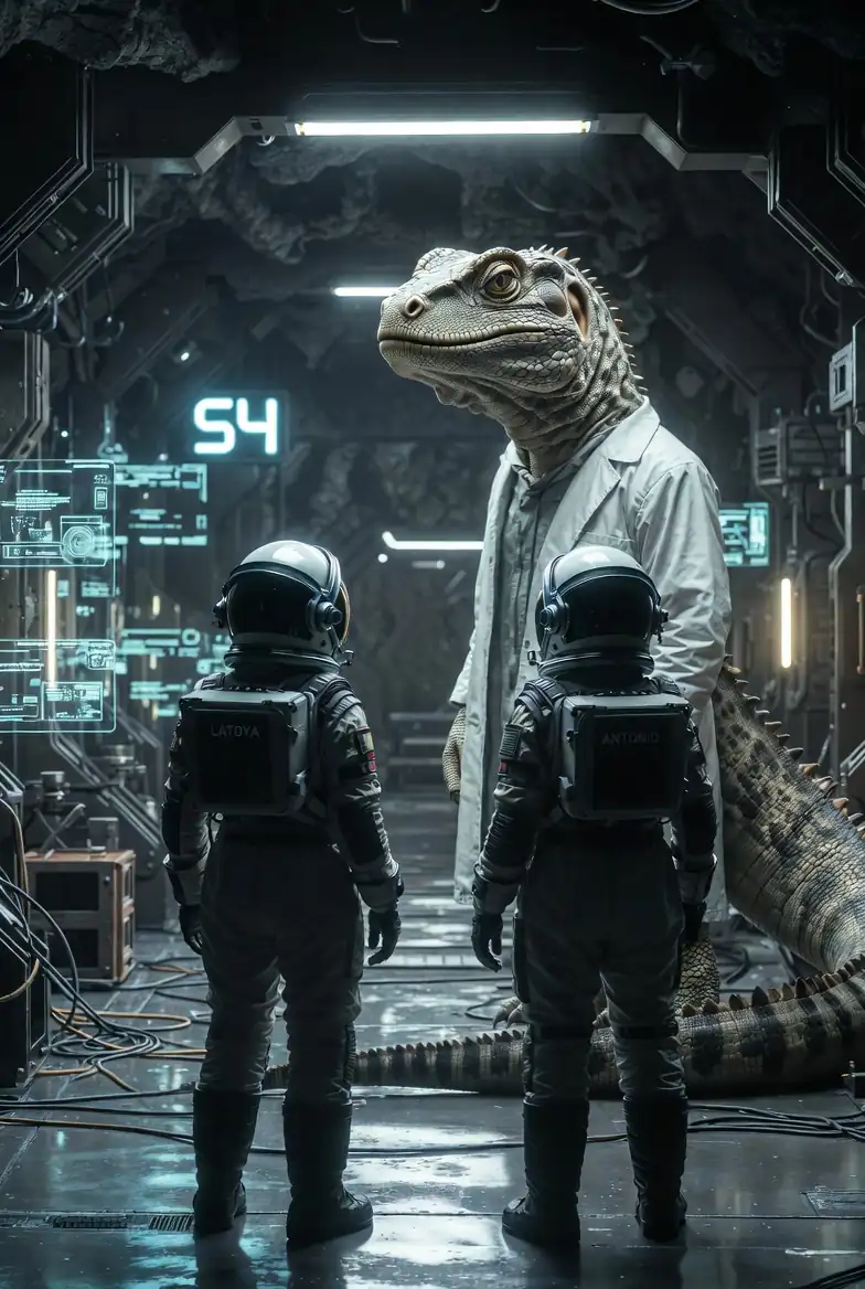 microrrelato de ciencia ficción con reptil humanoide y astronautas en una estación espacial