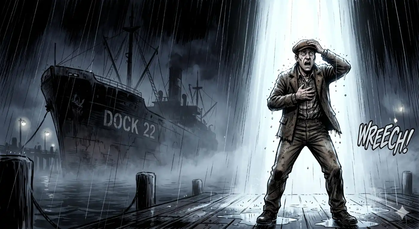 Imagen del microrrelato de misterio mejor que el cólera. En un puerto, hombre aterrorizado bajo la lluvia